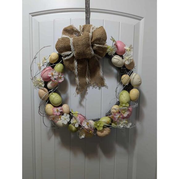 Easter Bunny Eggs Wreath Spring Flowers Vines Door Wall Holiday Decor 18" - Picture 1 of 8